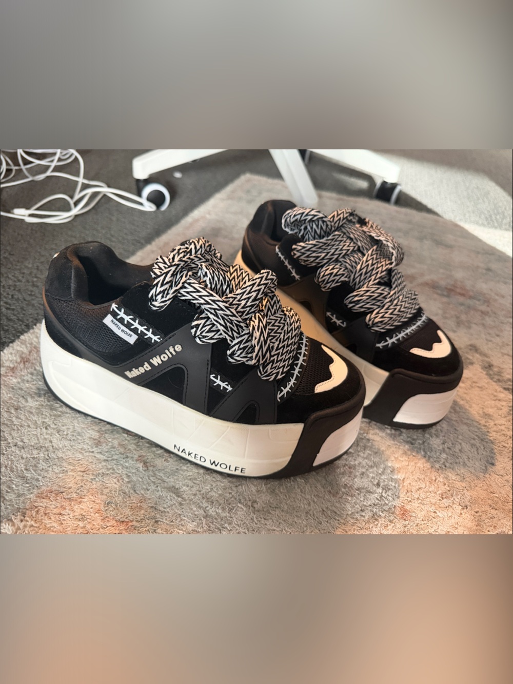 Naked Wolfe Black and White Chunky Lace-Up Platform Sneakers